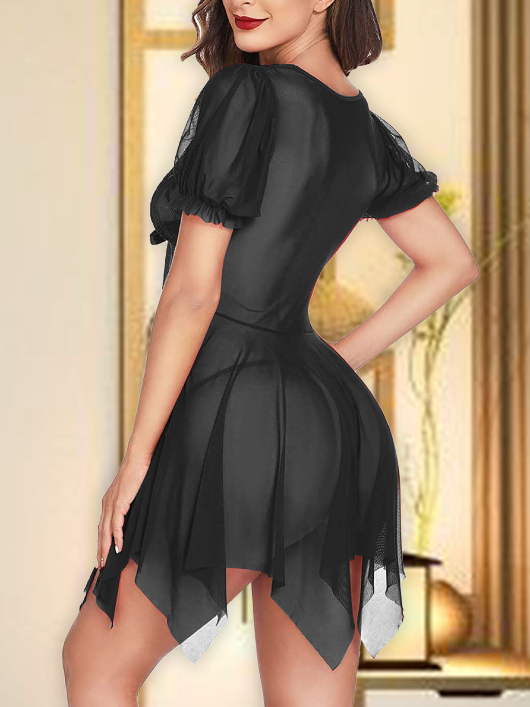 Sheer Mesh Nightwear With Ribbon Tie